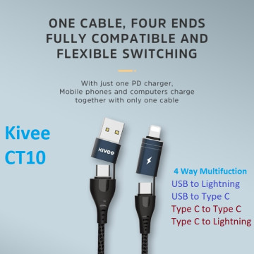 KIVEE 6941256112359 CT10 4 way Multi-function 5A Fast Charging Cable for Lightning/USB/USB-C - 1M Black - Image 1