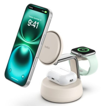 Belkin WIZ040AUSD UltraCharge Pro 3-in-1 Magnetic Charging Dock w/ Qi2 (25W) + 45W Wall Charger + USB-C Cable(1.5M)- Sand,$2500 CEW,2 Years Warranty - Image 1