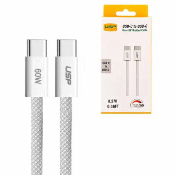 USP 6976552041485 BoostUp Braided USB-C to USB-C Cable (0.2M) - White, 3A/60W, 480Mbps, 40K+ Bends, Safe & Fast, Apple iPhone, Samsung Galaxy, 5 Years Warranty - Image 1