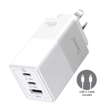 Just You PC NB-PD65CCAW Oxhorn 65W GaN Type C fast Charger 3 Port 2xUSB-C 1xUSB-A PD3.0 QC4.0 PPS AUS Approved C-tick White with cable - Image 1