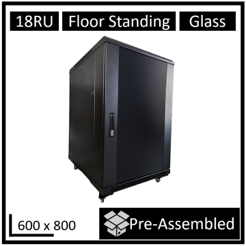 LDR WB-NC681815B Assembled 18U Server Rack Cabinet (600mm x 800mm) Glass Door, 1x 8-Port PDU, 1x 4-Way Fan, 2x Fixed Shelves - Black Metal Construction - Image 1