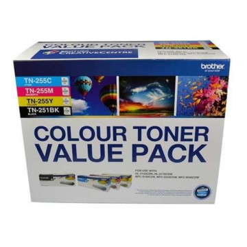 Brother TN-251BK-TN-255CMY-4PK TN-251BK and TN255 Colour Laser Toner Value Pack. Black, Cyan, Magenta, Yellow (8AE00003) - Image 1