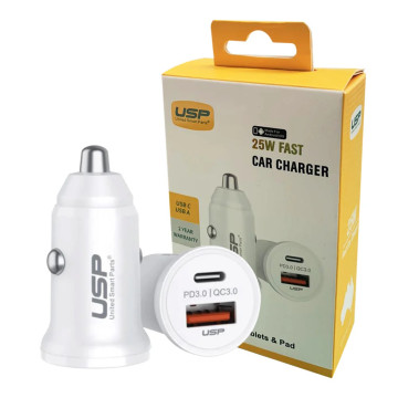 USP 6976552041638 43W Dual Port Fast Car Charger - White, 1xUSB-C(25W), 1xUSB-A(18W QC 3.0), Compact & Lightweight, 5 Years Warranty - Image 1