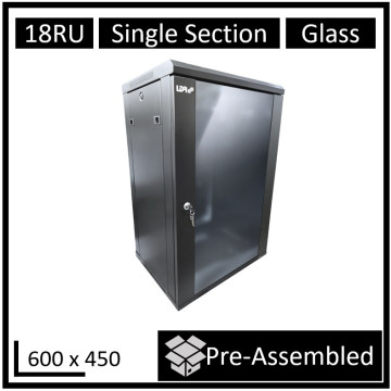 LDR WB-SS64180NB Assembled 18U Wall Mount Cabinet (600mm x 450mm) Glass Door - Black Metal Construction - Top Fan Vents - Side Access Panels - Image 1