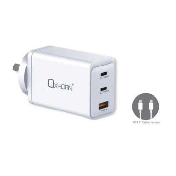 Just You PC NB-PD100S Oxhorn Charger Accessories AC 100W GaN Type C fast Charger 3 Ports 2xUSB-C 1xUSB-A PD3.0 QC4.0+ PPS for Laptop/Mobile/Tablet/Other Device White - Image 1