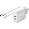 Belkin WCE001AU1MWH DUAL USB-A WALL CHARGER 24W + A TO C CBL