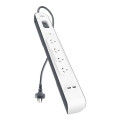 Belkin BSV401AU2M SurgePlus 4-Outlet Surge Protector With Dual USB Port 2.4 Amp-White,Heavy Duty 2M Power Cord,525 Joules,$20000 CEW,2 Years Warranty