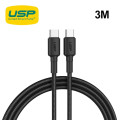 USP 6972890207071 BoostUp Cafule Braided USB-C to USB-C Cable (3M) Black - 3A, Strong & Durable, Bend-resistant, Nylon Braid, USB-C Compatibility, 5 Years Warranty