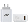 USP 6972890207996 65W Dual Port GaN Fast Wall Charger - White, 1xUSB-C(65W PD), 1xUSB-A(18W QC 3.0), Intelligent PPS Technology, 5 Years Warranty