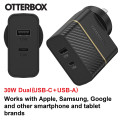 Otterbox 78-80029 30W Dual Port Premium PD Fast Wall Charger - Black , (USB-C 18W & USB-A 12), Drop Tested, Safe & Smart Charging, 2 Years Warranty