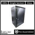 LDR WB-SS64180NB Assembled 18U Wall Mount Cabinet (600mm x 450mm) Glass Door - Black Metal Construction - Top Fan Vents - Side Access Panels