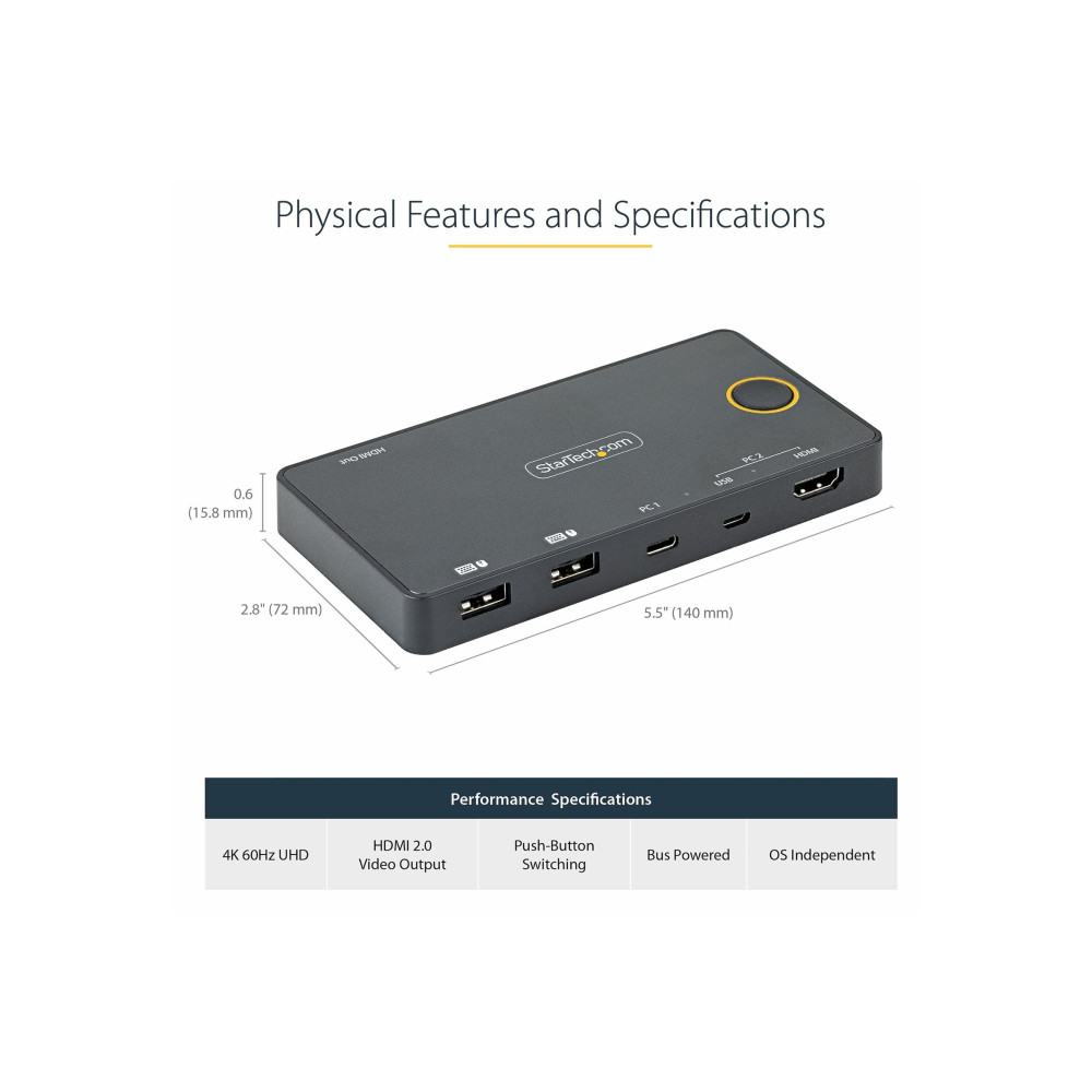 StarTech SV221HUC4K 2 Port USB-A + HDMI & USB-C KVM Switch - 1x 4K 60Hz HDMI 2.0 2 YR - Image 2