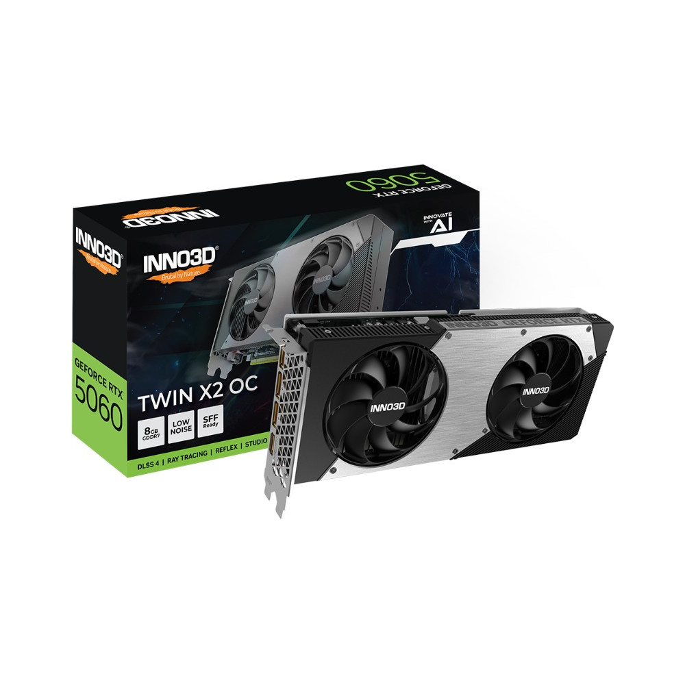 INNO3D N50602-08D7X-195070N nVidia GeForce RTX 5060 TWIN X2 OC 8GB GDDR7, 2527MHz Boost Clock, RAM 28Gbps, 3xDP, 1xHDMI 250x116x41mm - Image 1