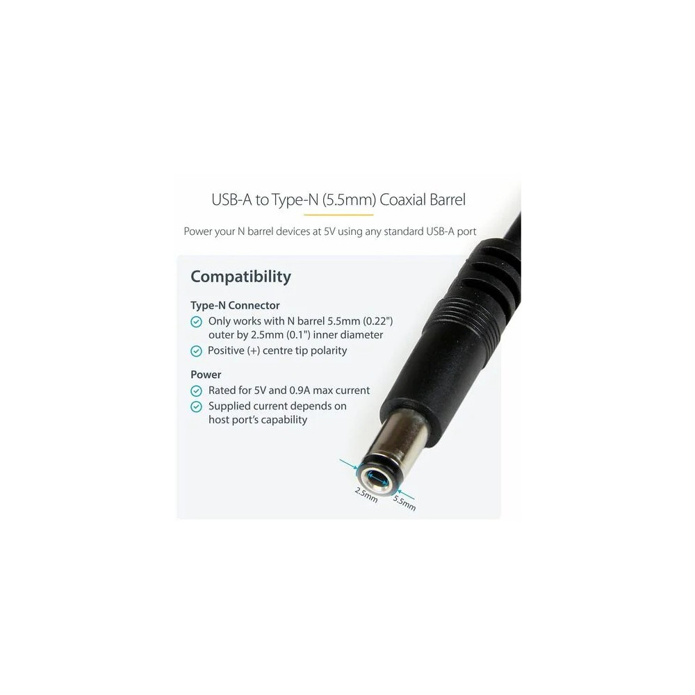 StarTech USB2TYPEN1M 1M USB A TO 5.5mm DC BARREL CONNECTOR (5V), LTW - Image 3