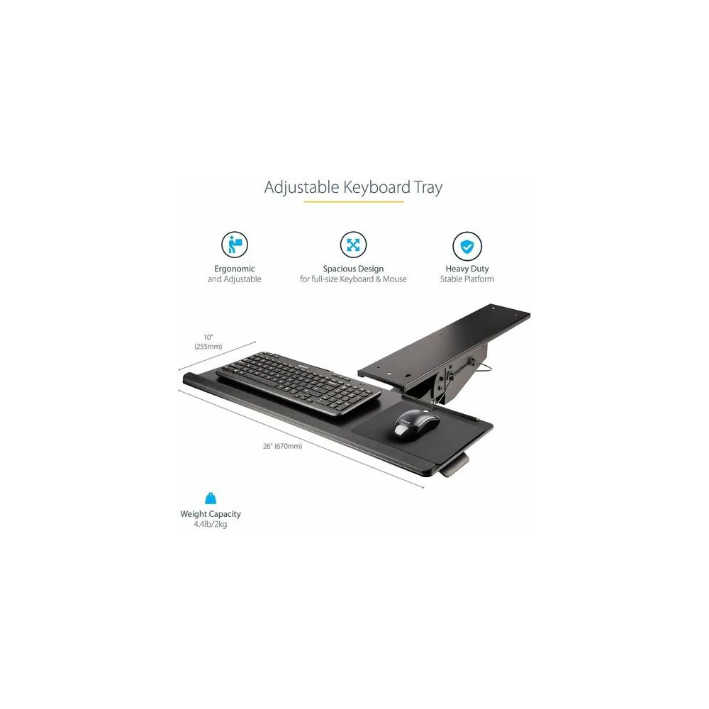 StarTech KBTRAYADJ2 Under Desk Keyboard Tray, Height Adjustable Keyboard and Mouse Tray (10" x 26"), Ergonomic Computer Keyboard Tray w/Mouse Pad - 144.8 mm Height x 711.2 mm Width - Black - Steel - Image 3