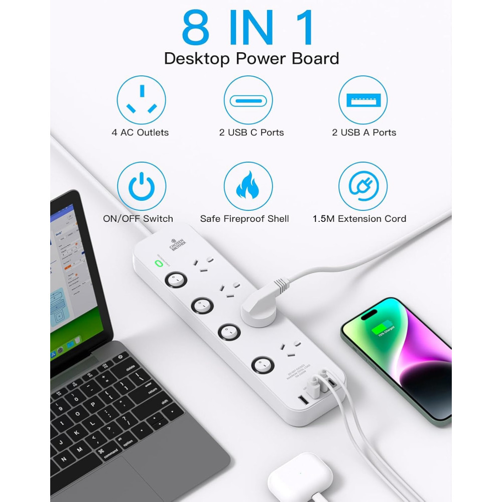 Chosen Brother POWCB422D Individual Switch Powerboard with 4 AC Outlets, 2 USB-A and 2 USB-C, Surge Protector 1.5M Extension Cord, 350 Joules, Overload Protection - Image 7