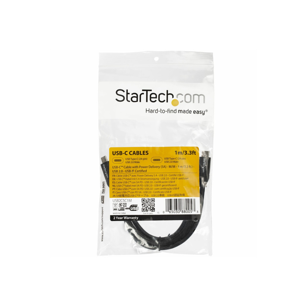 StarTech USB2C5C1M 1M 3FT USB C TO USB C CABLE - 5A PD - USB 2.0 USB-IF CERTIFIED 2 YR - Image 1