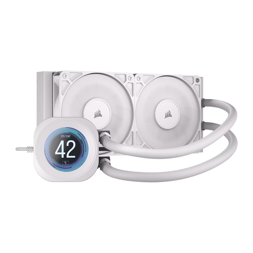 Corsair CW-9061032-WW NAUTILUS 240 RS LCD Liquid CPU Cooler - White, 240mm rad, LCD pump, 2x PWM fans, 2100 RPM, AM5/LGA1851, copper plate, 400mm tube, 36dBA - Image 1