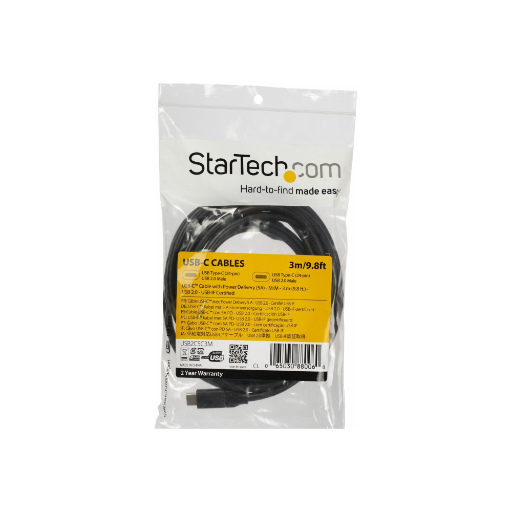 StarTech USB2C5C3M 3M USB-C 2.0 CABLE, 5A PD, TB 3 COMPATIBLE, BLACK, 2YR - Image 1