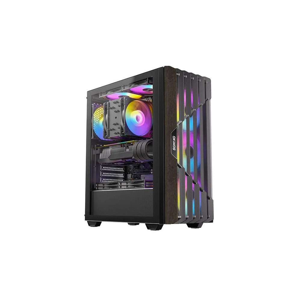 OKINOS CAO-CYP5ARGB Cypress P5 ARGB Oak Wood Trim ATX, 4x120mm ARGB Non-PWM Fans Pre-Installed,Type-C,Tempered Glass Side Panel,Black Mid-Tower Case - Image 1