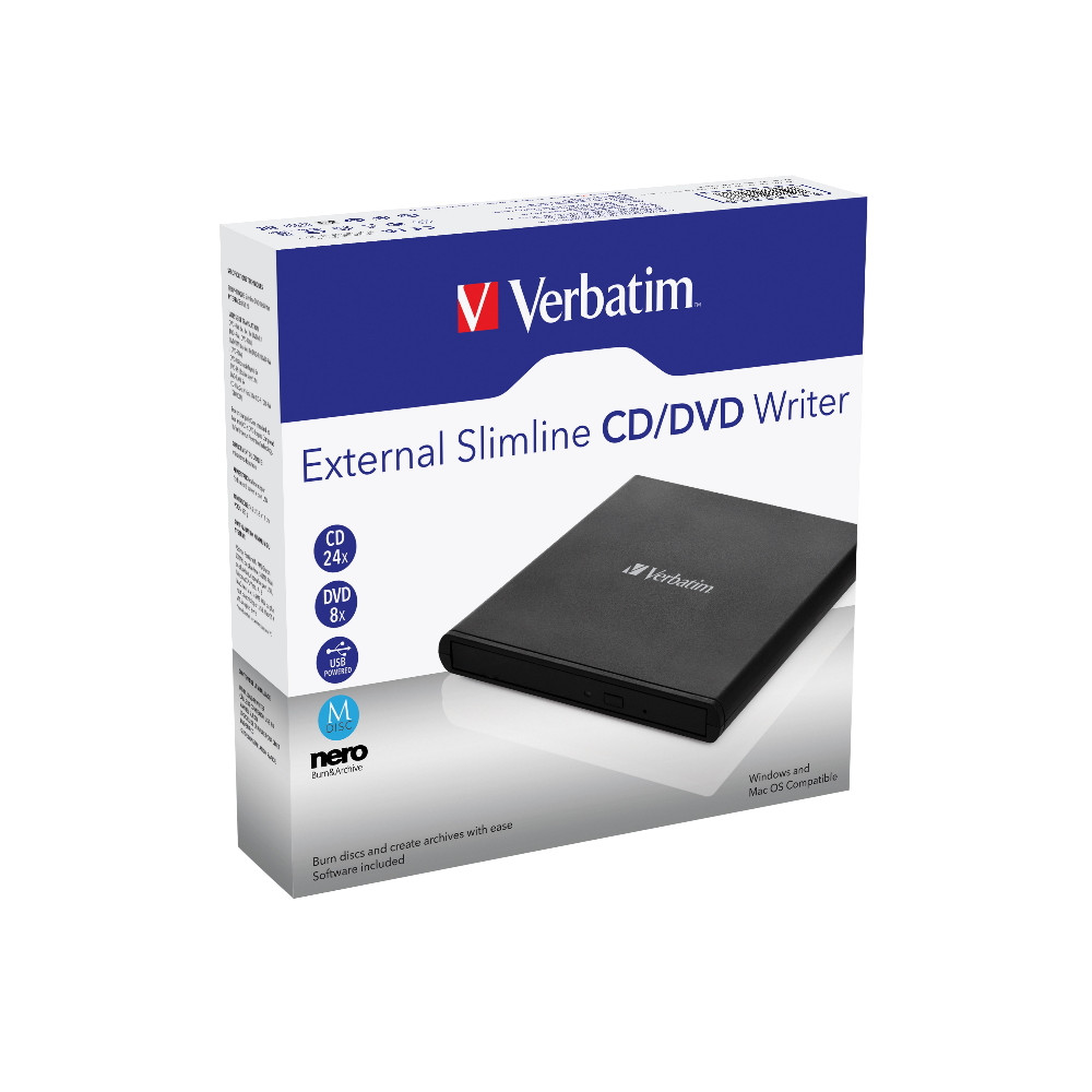 Verbatim 98938 External Slimline DVD / CD Writer, Burner, Reader, Player, Ultra Portable for Notebooks, Nero Software, USB Powered Black Mobile, Retail 2025 - Image 1