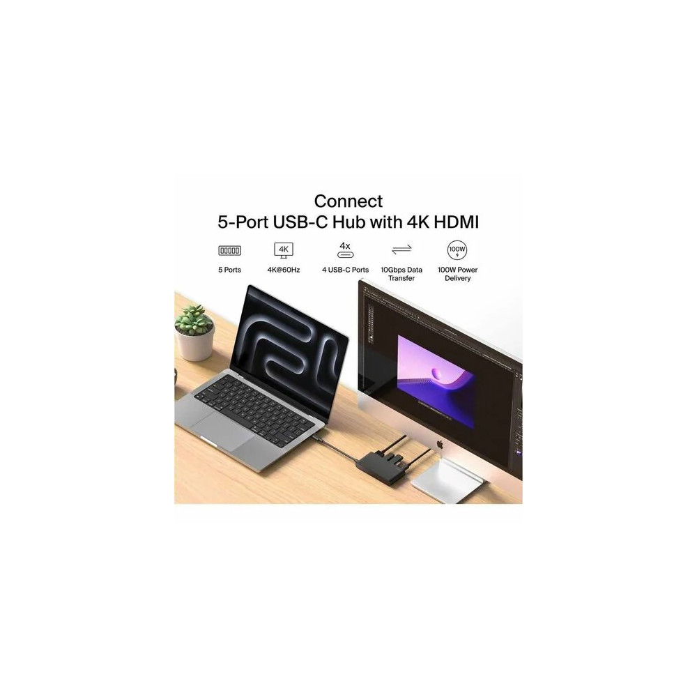 Belkin AVC021FQBK Connect USB Type C Docking Station for Notebook, Monitor, Hard Drive, Webcam, Tablet, Smartphone, Computer - Charging Capability - 4K @ 60Hz - 3840 x 2160 - 4 x USB Ports - 1 x USB 3.0 - 4 x USB Type-C Ports - USB Type-C - HDMI - Wired -