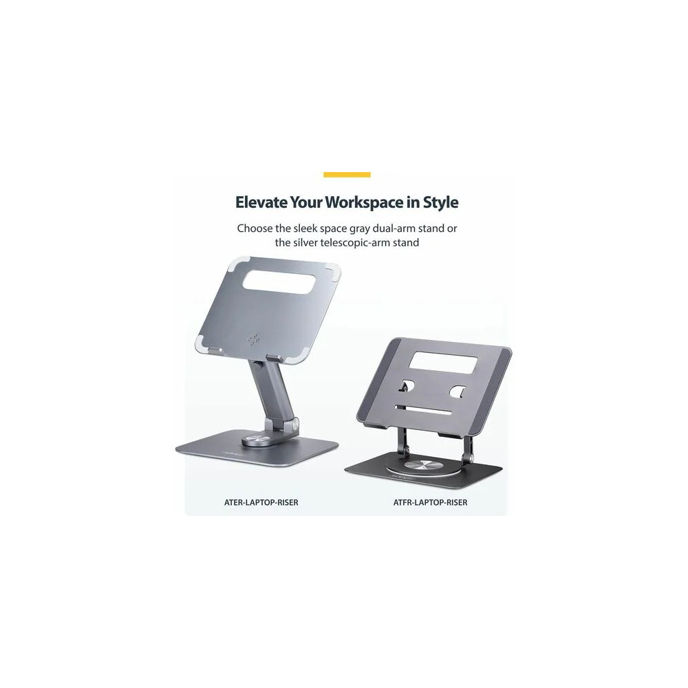 StarTech ATFR-LAPTOP-RISER Rotating Laptop Stand, 360 Swivel, Ergonomic Desk Riser for Computer, Adjustable Height/Tilt, Max 11lb, Aluminum, Portable - Raise a laptop to eye level for improved posture and all-day comfort - Height-adjustable arms - Image 8