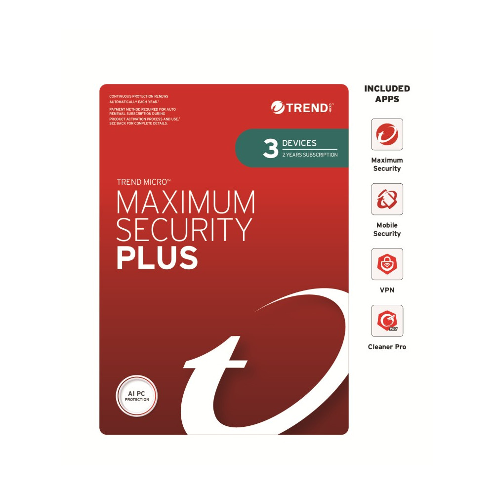 Trend Micro TICEWWMGXY3P2K Maximum Security Plus (3 Devices) 2 Year Retail Mini Box Auto Renew (Plus = Secure VPN / Cleaner Pro) - Image 1