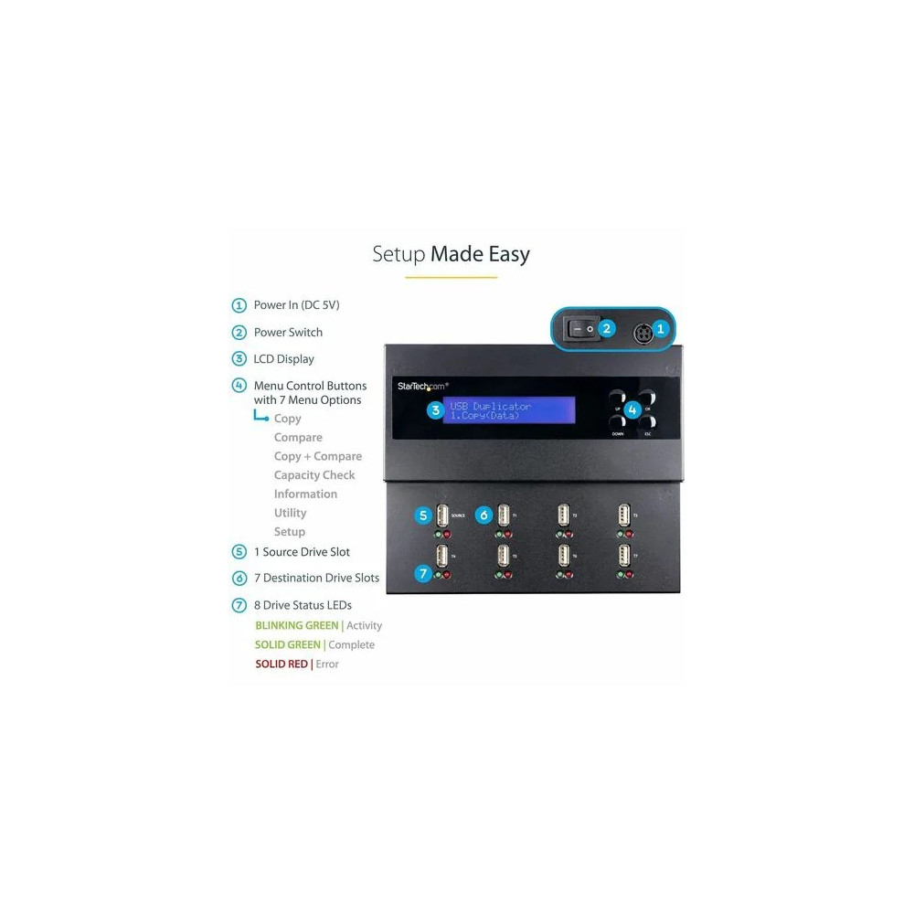 StarTech USBDUPE17 1:7 USB THUMB DRIVE DUPLICATOR AND ERASER FOR FLASH DRIVES, 2YR - Image 5