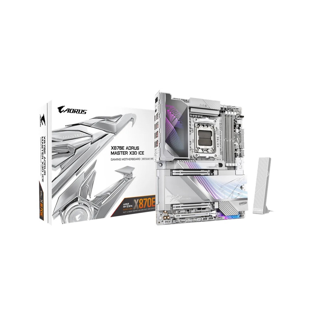 Gigabyte X870E A MASTER X ICE X870E A MASTER X3D ICE: AM5, DDR5 256GB, ALC1220, 10GbE+5GbE LAN, Wi-Fi 7, BT 5.4, Q-Flash, GCC, ATX, Win11, Ryzen 7000–9000 - Image 1