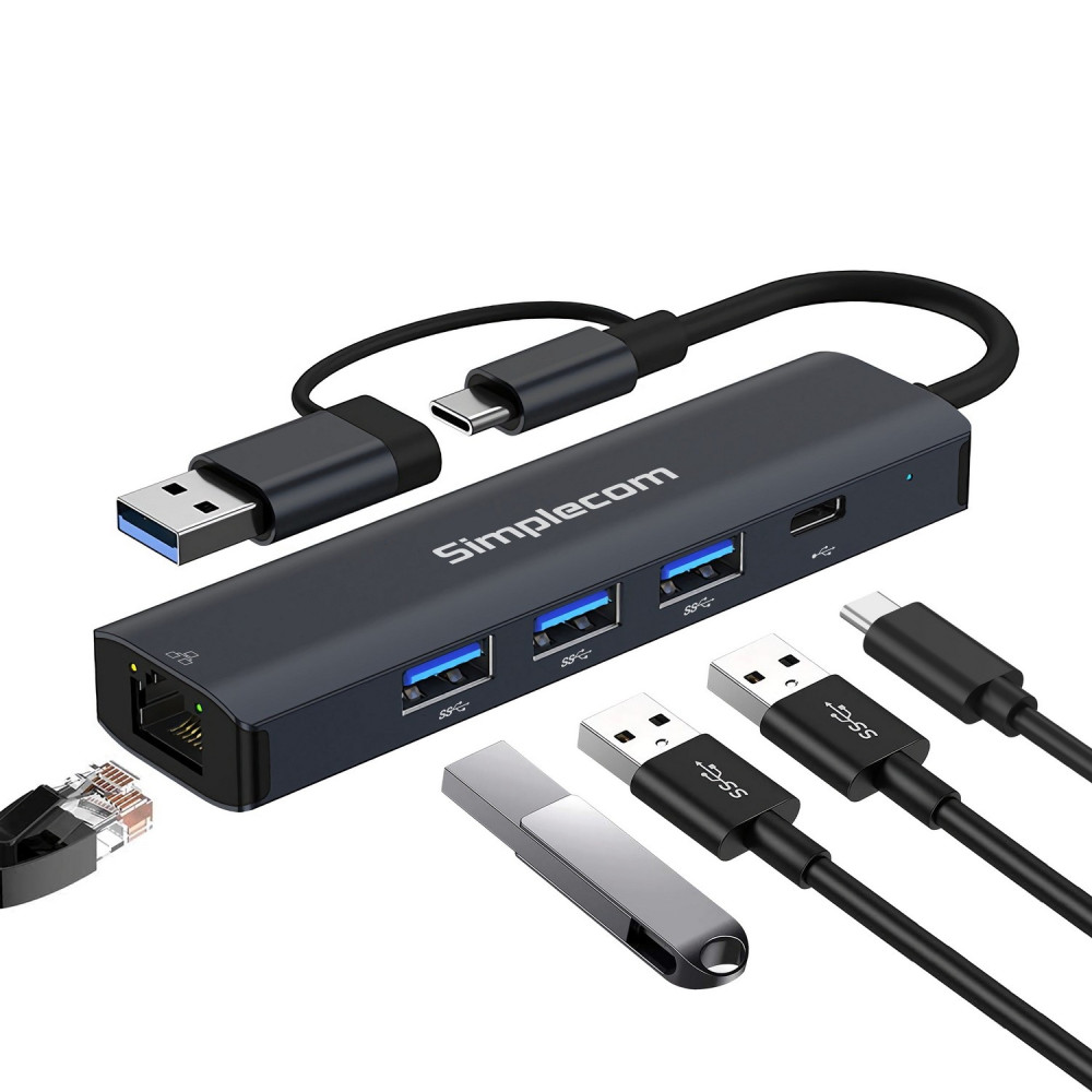 Simplecom CHN436 USB-C and USB-A to 4-Port USB HUB with Gigabit Ethernet Adapter - Image 1