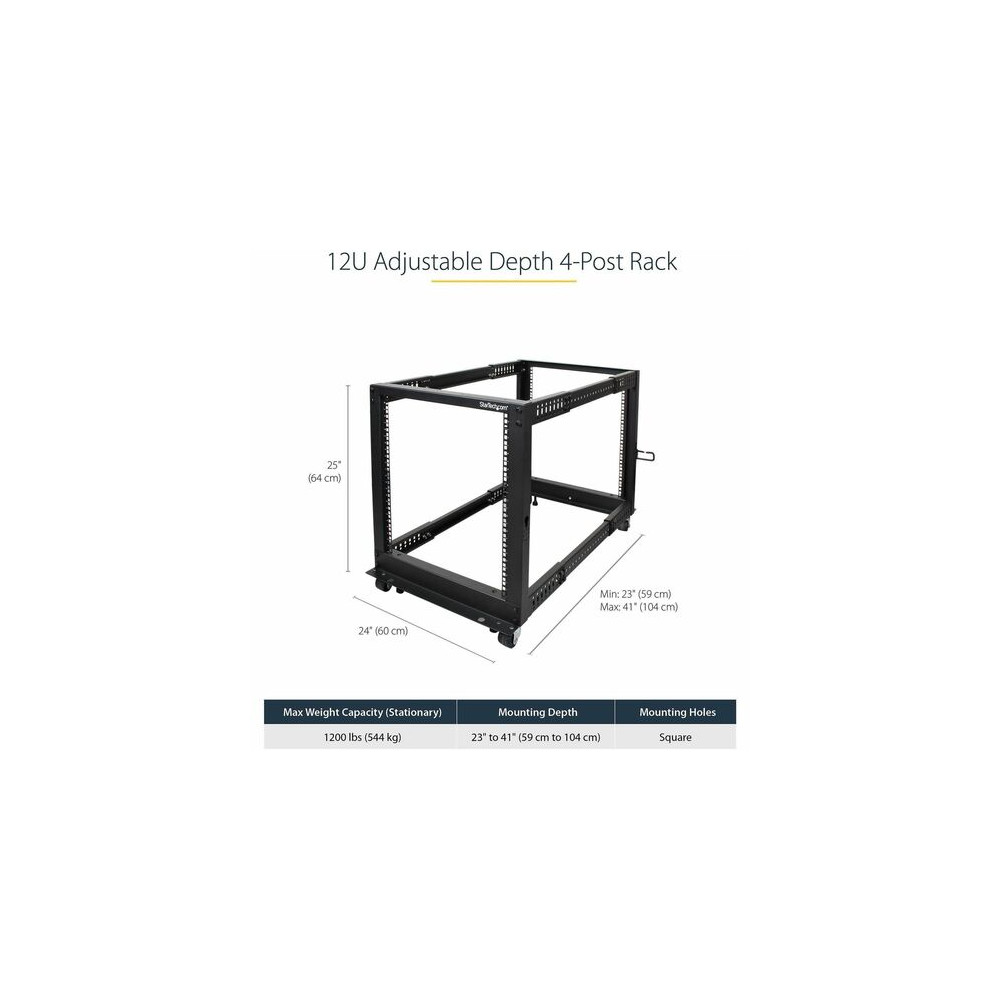 StarTech 4POSTRACK12U 4-Post 12U Mobile Open Frame Server Rack, 19" Network Rack with Casters, Rolling Rack for Computer/AV/Data/IT Equipment - 4-Post 12U open frame server rack for Data/IT equipment - 22-40in (56-101cm) Mounting Depth; 25in (6 - Image 11
