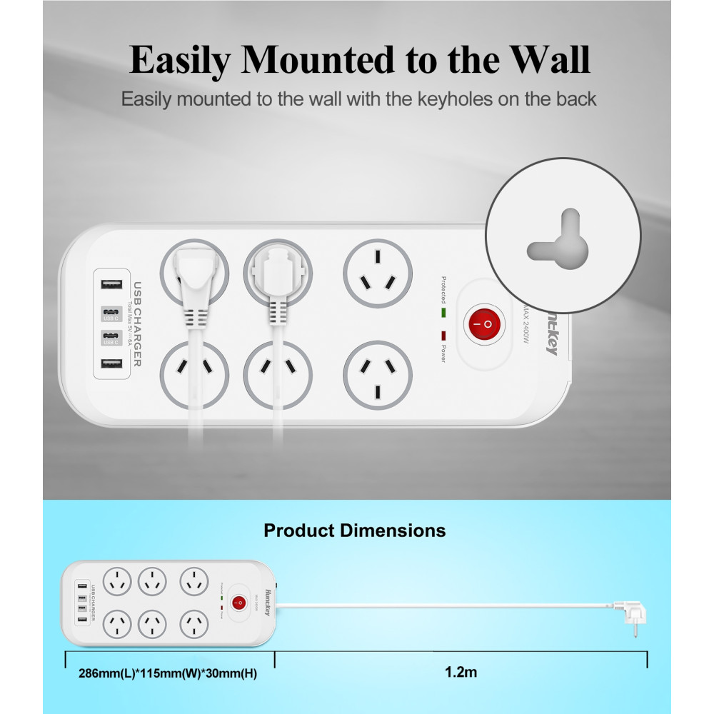 Huntkey PSUHUNSAC607C SAC607C 6 Outlets Surge Protector Powerboard with 2x USB-A & 2x USB-C - Image 10