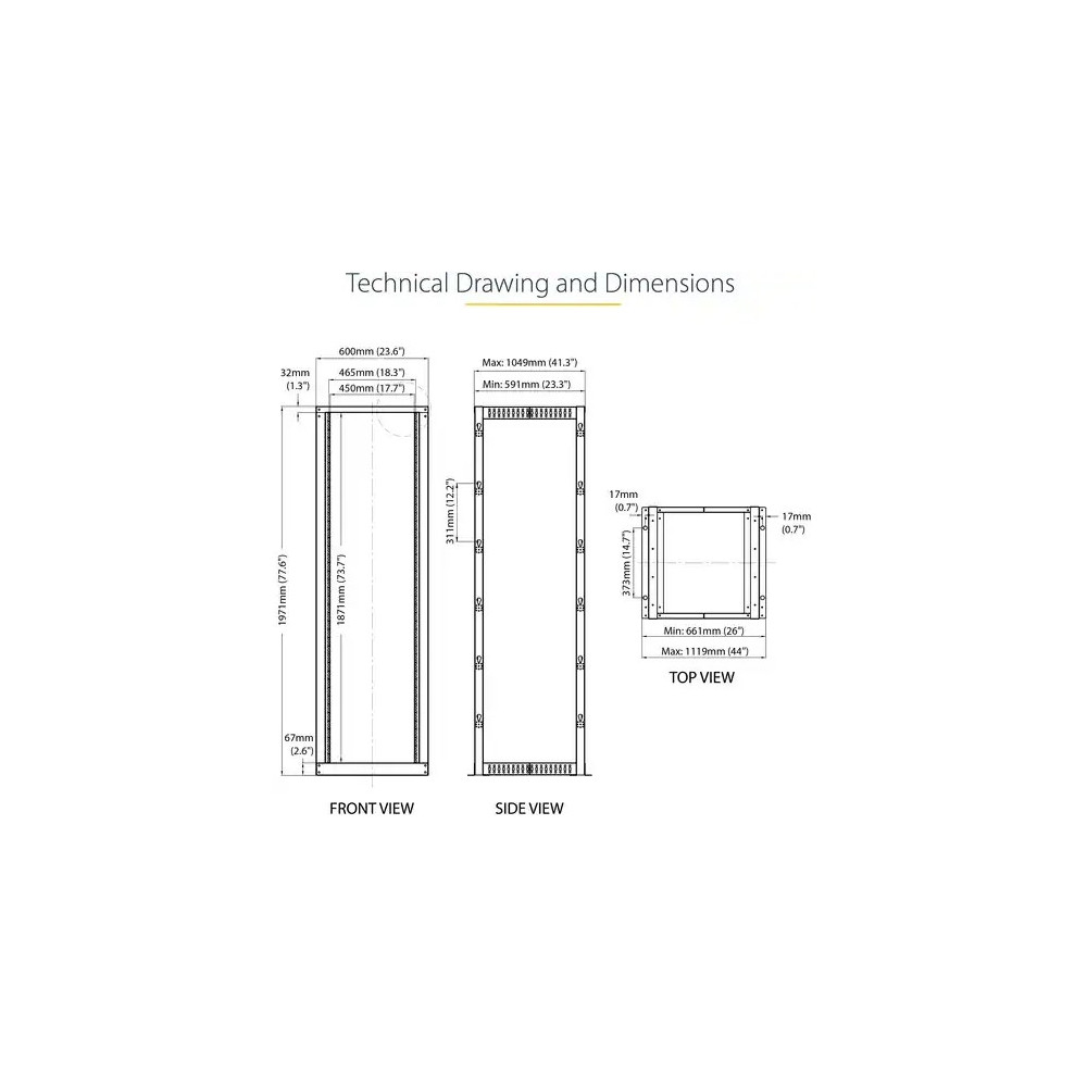 StarTech 4POSTRACK42 4-Post 42U Mobile Open Frame Server Rack, 19" Network Rack with Casters, Rolling Rack for Computer/AV/Data/IT Equipment - Store your servers, network and telecommunications equipment in this adjustable 42U rack - Compatible with HP KV