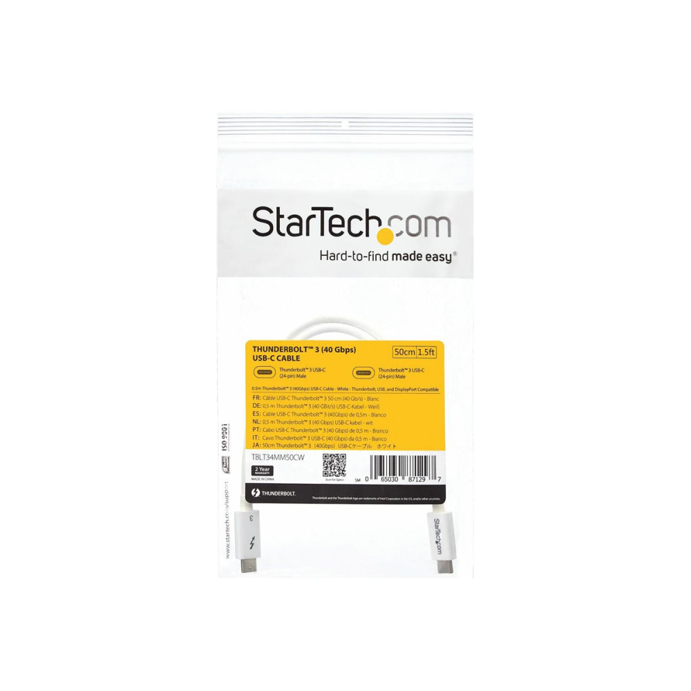 StarTech TBLT34MM50CW 0.5M T/BOLT3 CABLE, 40GBPS, 100W PD, WHITE, 2YR - Image 1