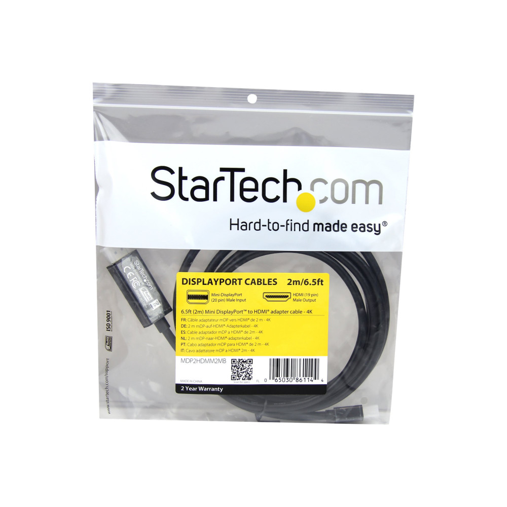 StarTech MDP2HDMM2MB 2M mDP TO HDMI ADAPTER CABLE, 4K, BLACK, 3YR - Image 1