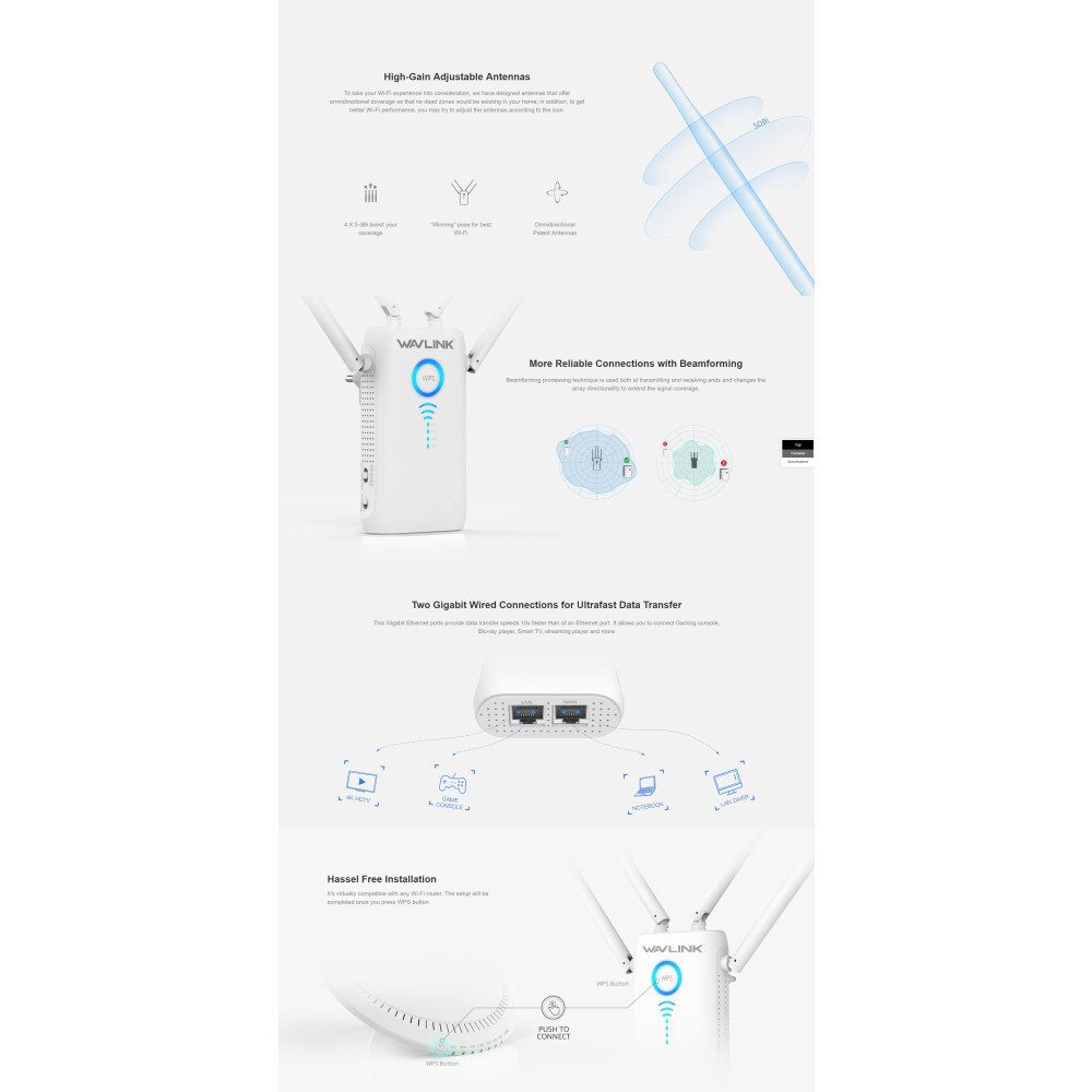 Wavlink NETWINWSWN579G3 AC1200 Dual Gigabit Ethernet Ports Wi-Fi Range Extender (WL-WN579G3) - Image 3
