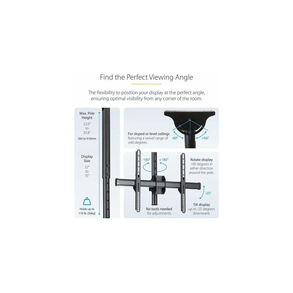 StarTech FPCEILPTBSP TV Ceiling Mount, Full-Motion Hanging Single Screen Vesa Mount for 32"-75" TVs / Displays - Height Adjustable Telescopic Pole - Full motion single TV ceiling mount for VESA displays up to 75" - Adjust. telescopic pole, 1.8'  - Image 5
