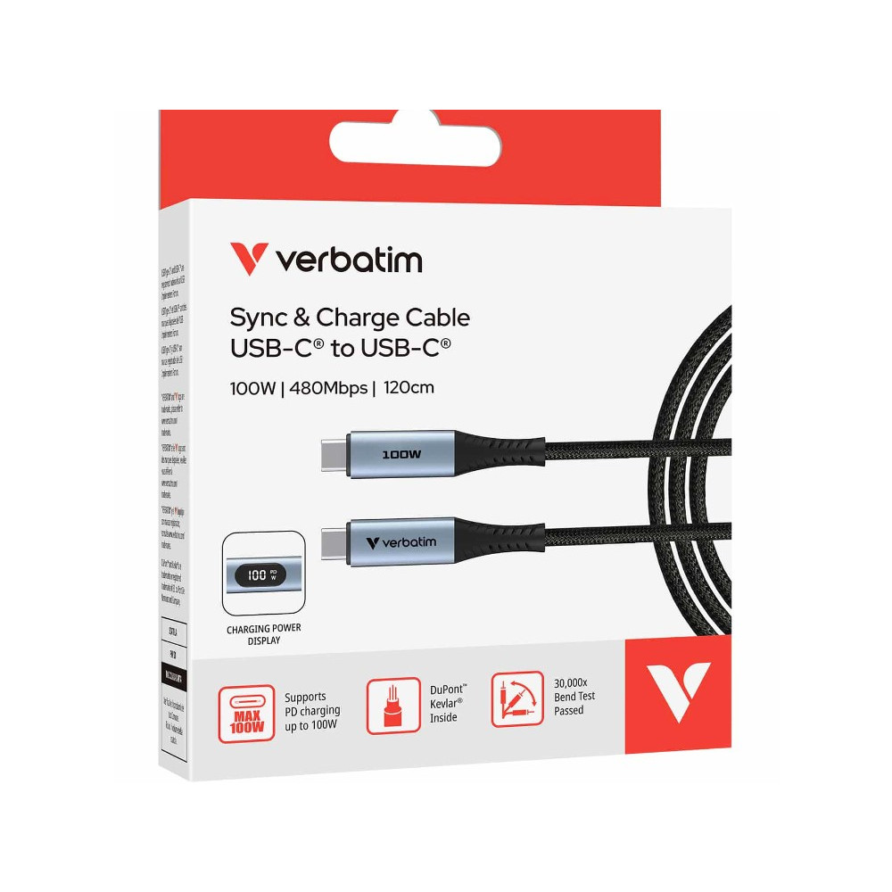 Verbatim 31848 Sync & Charge USB-C to USB-C Cable, 100W PD 3.0 + QC 3.0, LED power display, 480Mbps data, Kevlar core, 30,000 bend tested, 120cm - Image 1