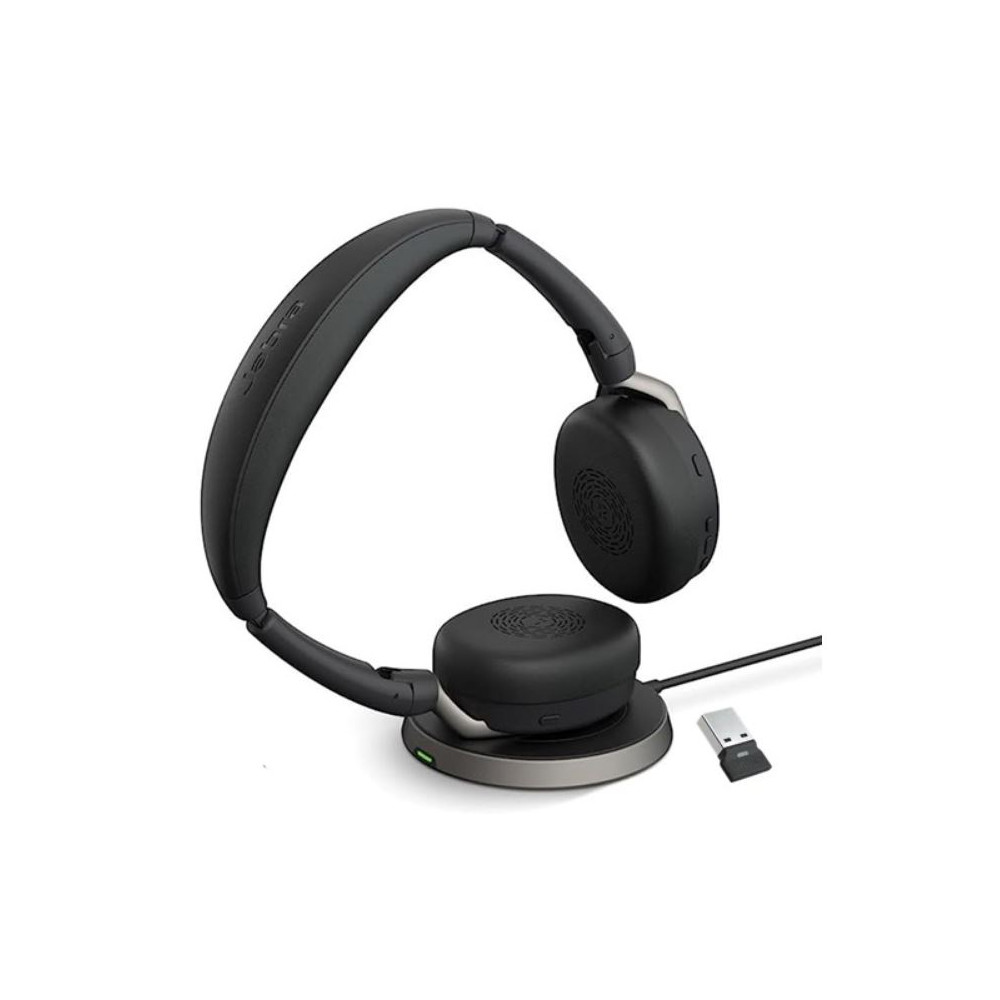 Jabra 26699-999-989 Evolve2 65 Flex MS Stereo Bluetooth Headset, Link380a USB-A Dongle & Wireless Charging Stand Foldable Design, 2Yr Warranty, 30m Wireless Range - Image 1