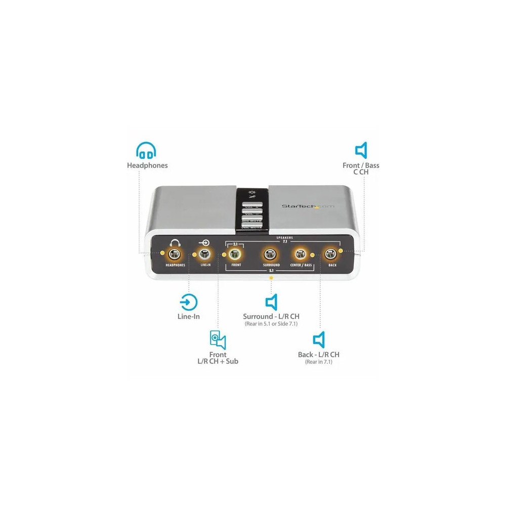 StarTech ICUSBAUDIO7D External Sound Box - 16 bit DAC Data Width - 7.1 Sound Channels - External - C-Media CM6206 - USB 2.0 - 48 kHz Maximum Playback Sampling Rate - USB - 1 x Number of Audio Line Out - Image 4