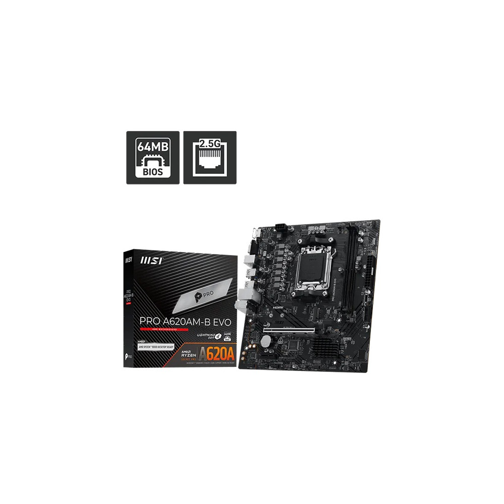 MSI PRO A620AM-B EVO ATX Motherboard, AM5, AMD A620A, 2xDDR5 128GB, PCIe4.0 x16, 1xM.2, 2xSATA, HDMI/VGA, 2.5G LAN, ATX - Image 1