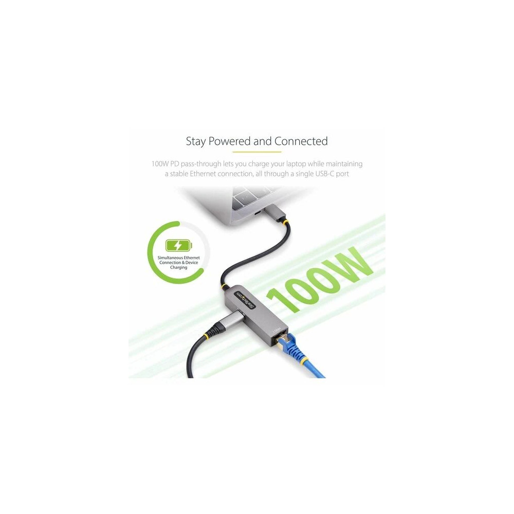 StarTech 1GPD3-USB-C-ETHERNET USB-C to Ethernet Adapter, 100W PD Pass-Through, NIC, USB 3.0 Type-C 1Gbps Multi Speed Network, USB 3.1 RJ45, Windows & Mac - USB-C to Ethernet Adapter securely connects to networks over CAT5e/RJ45/LAN; 100W PD pass - Image 4