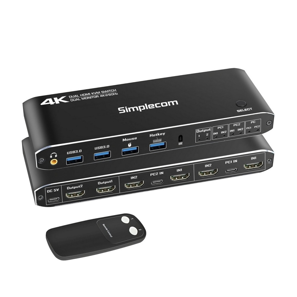 Simplecom KM430 Dual HDMI Monitor KVM Switch for 2 Computers with 4-Port USB Hub 4K@60Hz Keyboard Hotkey - Image 1