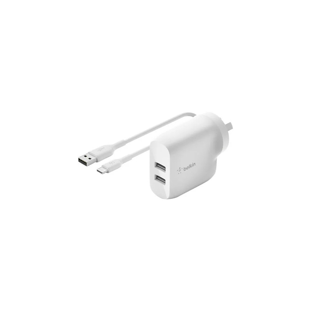 Belkin WCE001AU1MWH DUAL USB-A WALL CHARGER 24W + A TO C CBL - Image 1