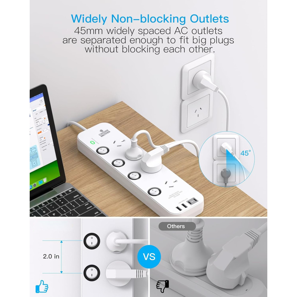 Chosen Brother POWCB422D Individual Switch Powerboard with 4 AC Outlets, 2 USB-A and 2 USB-C, Surge Protector 1.5M Extension Cord, 350 Joules, Overload Protection - Image 3