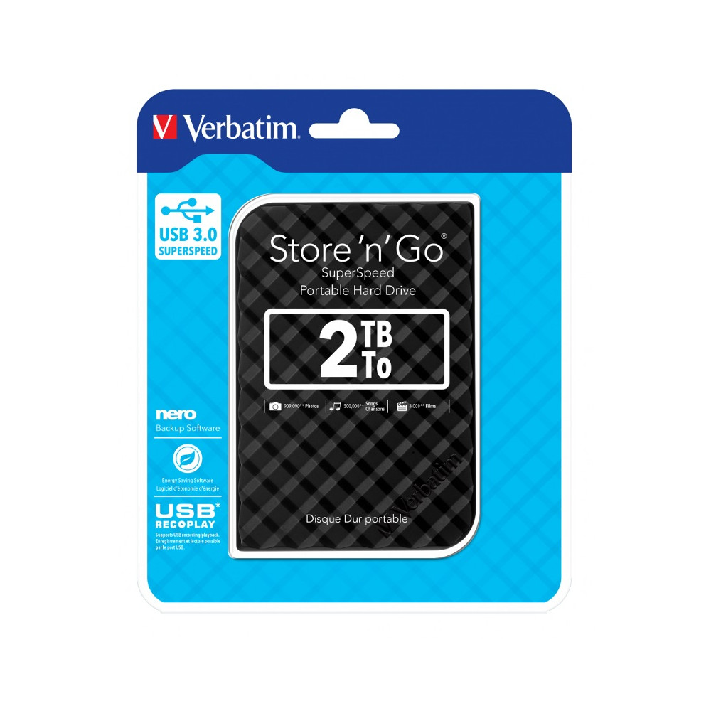 Verbatim 53195 2TB 2.5' USB 3.0 Black Store'n'Go HDD Grid Design, Ultra Portable, High Speed & Capacity. Backup and Store + Nero Backup Software - Image 1