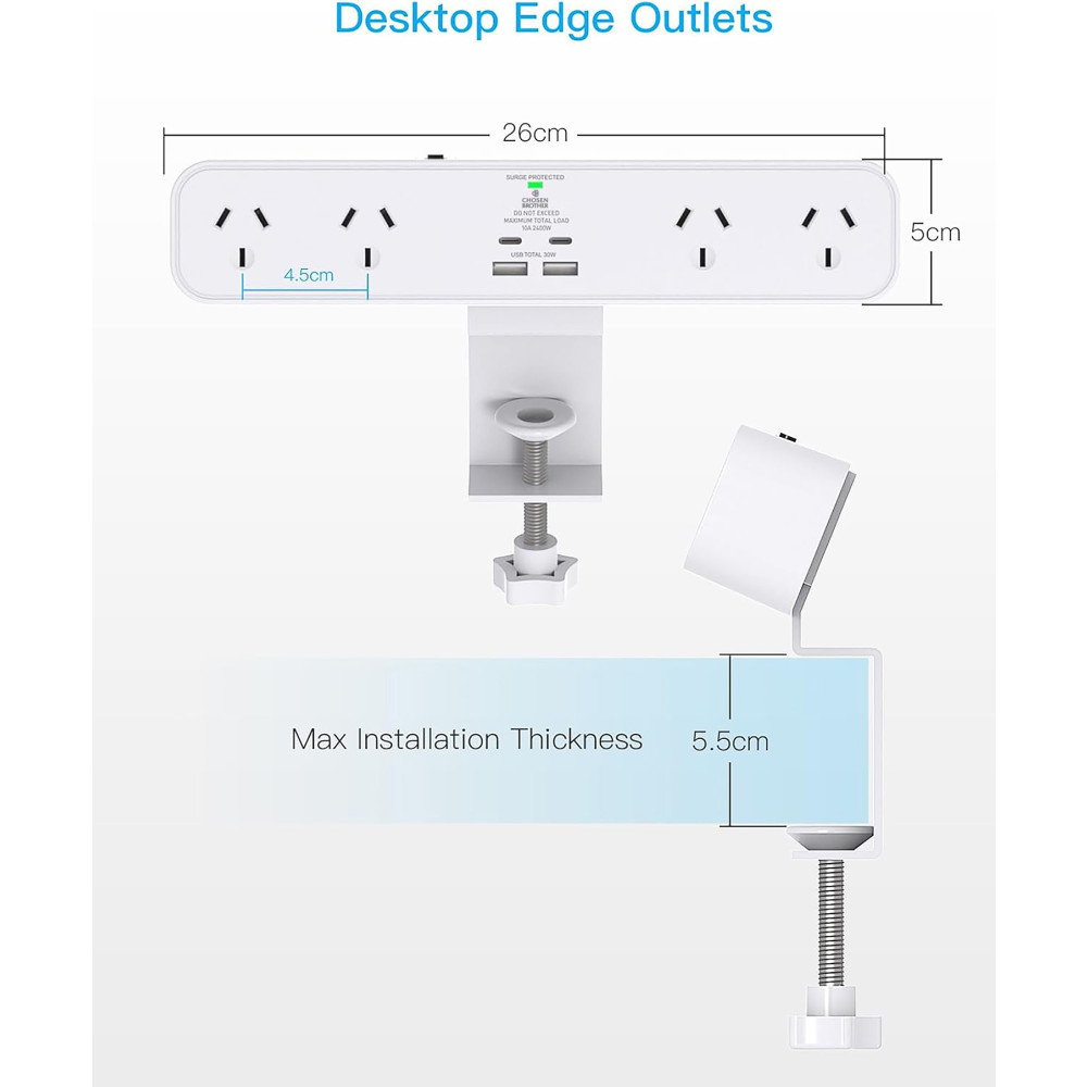 Chosen Brother POWCB48DC PD 30W Desk Clamp Powerboard Fast Charging Station, 4 Outlets with 2 USB-C 2 USB-A, Surge Protected, 1.5M Extension Cord Desktop Mounted - Image 2