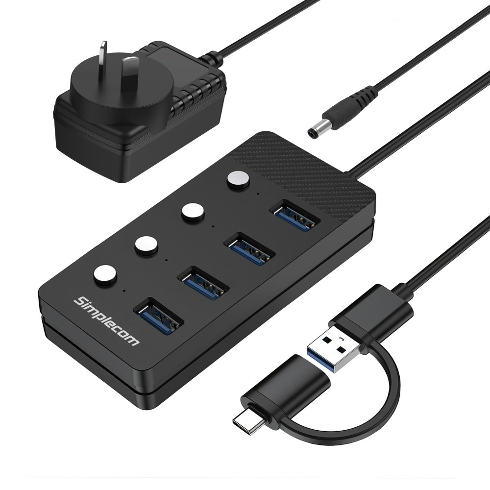 Simplecom CH345C SuperSpeed USB-A and USB-C to 4-Port USB 3.0 Hub 5Gbps Individual Switches and Power Adapter - Image 1