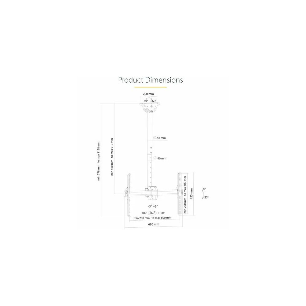 StarTech FPCEILPTBSP TV Ceiling Mount, Full-Motion Hanging Single Screen Vesa Mount for 32"-75" TVs / Displays - Height Adjustable Telescopic Pole - Full motion single TV ceiling mount for VESA displays up to 75" - Adjust. telescopic pole, 1.8'  - Image 9